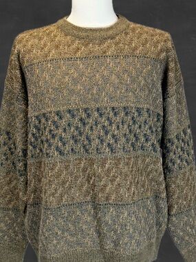 VINTAGE 90s earthy neutral brown colorblock stripe knit sweater men Towncraft XL